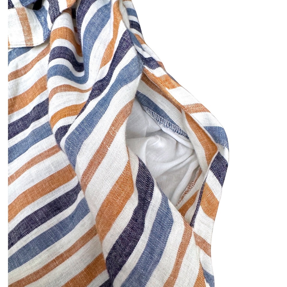 Charlie B Striped 100% Linen Maxi Dress Medium Sleeveless Blue Tan Tie Wasit - Picture 6 of 8